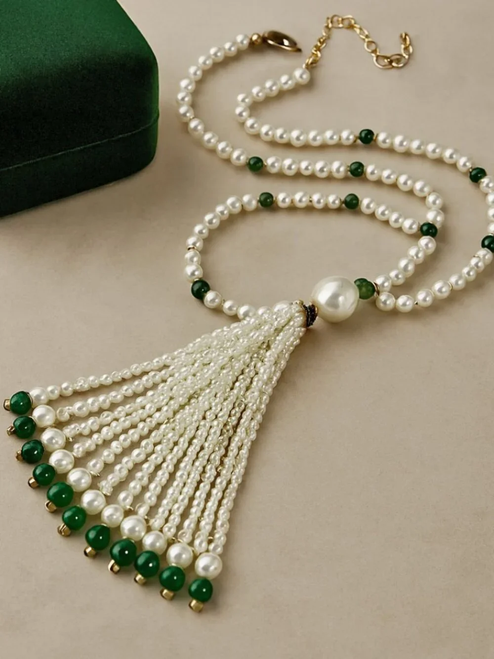 Pearl and Green Bead Tassel Necklace - Elegant Women’s Jewelry